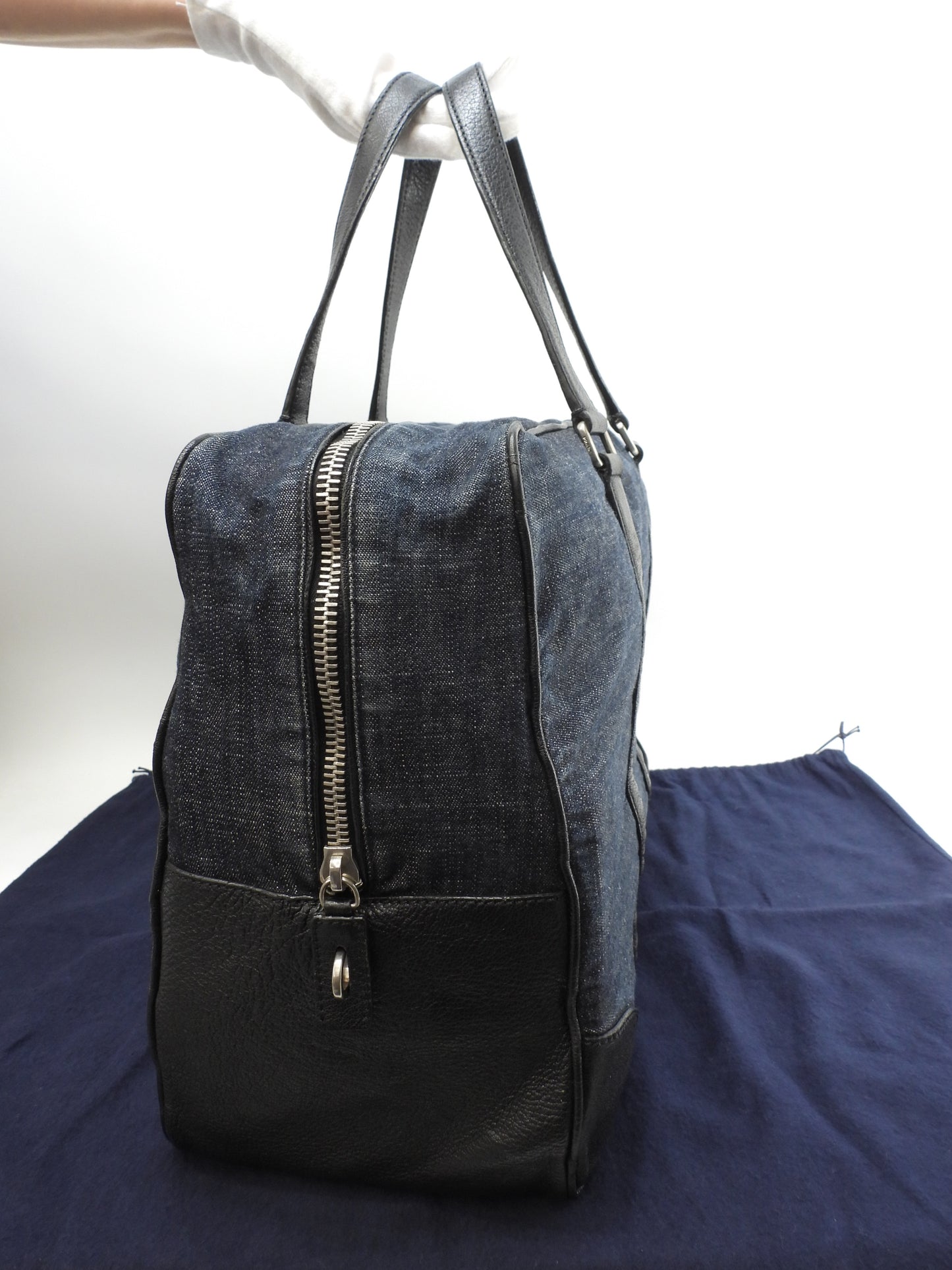 プラダ ボストンバッグ 三角プレート コットン紺革黒 トラベル 旅行用ハンドバッグ@146