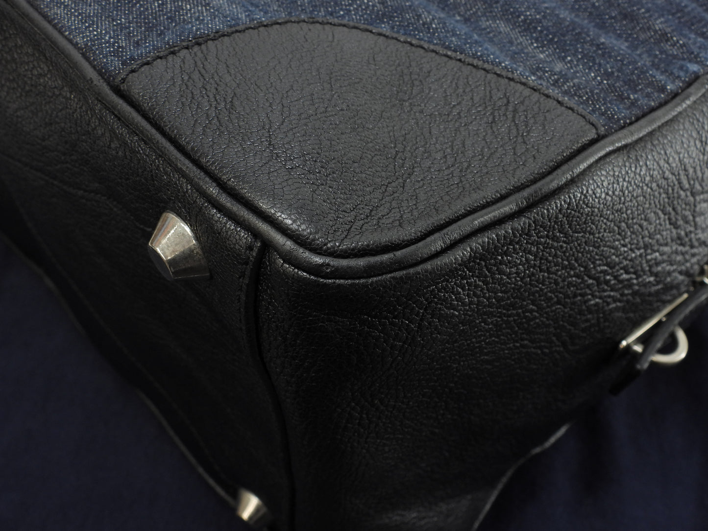 プラダ ボストンバッグ 三角プレート コットン紺革黒 トラベル 旅行用ハンドバッグ@146