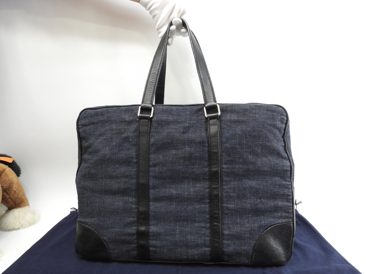 プラダ ボストンバッグ 三角プレート コットン紺革黒 トラベル 旅行用ハンドバッグ@146