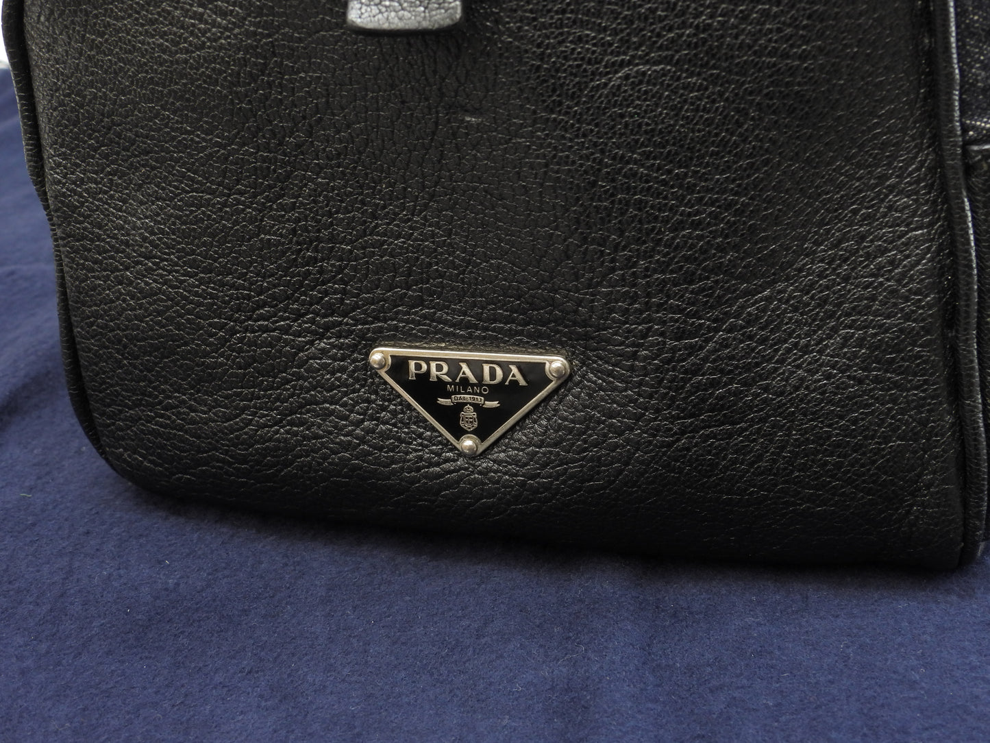 プラダ ボストンバッグ 三角プレート コットン紺革黒 トラベル 旅行用ハンドバッグ@146