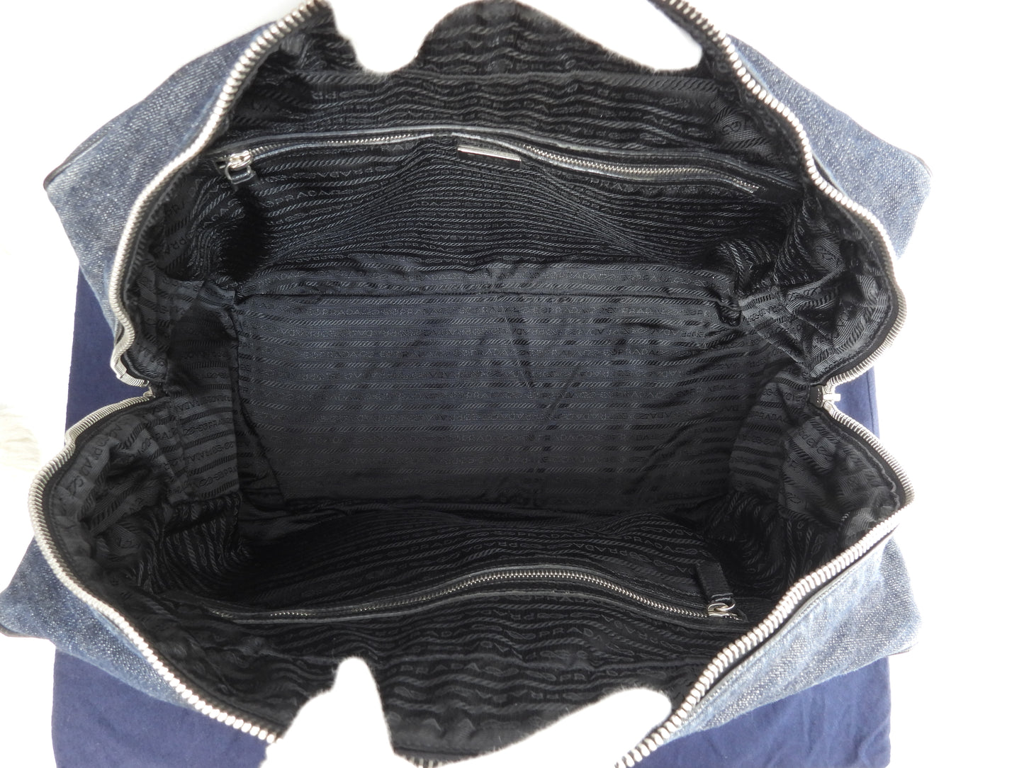 プラダ ボストンバッグ 三角プレート コットン紺革黒 トラベル 旅行用ハンドバッグ@146