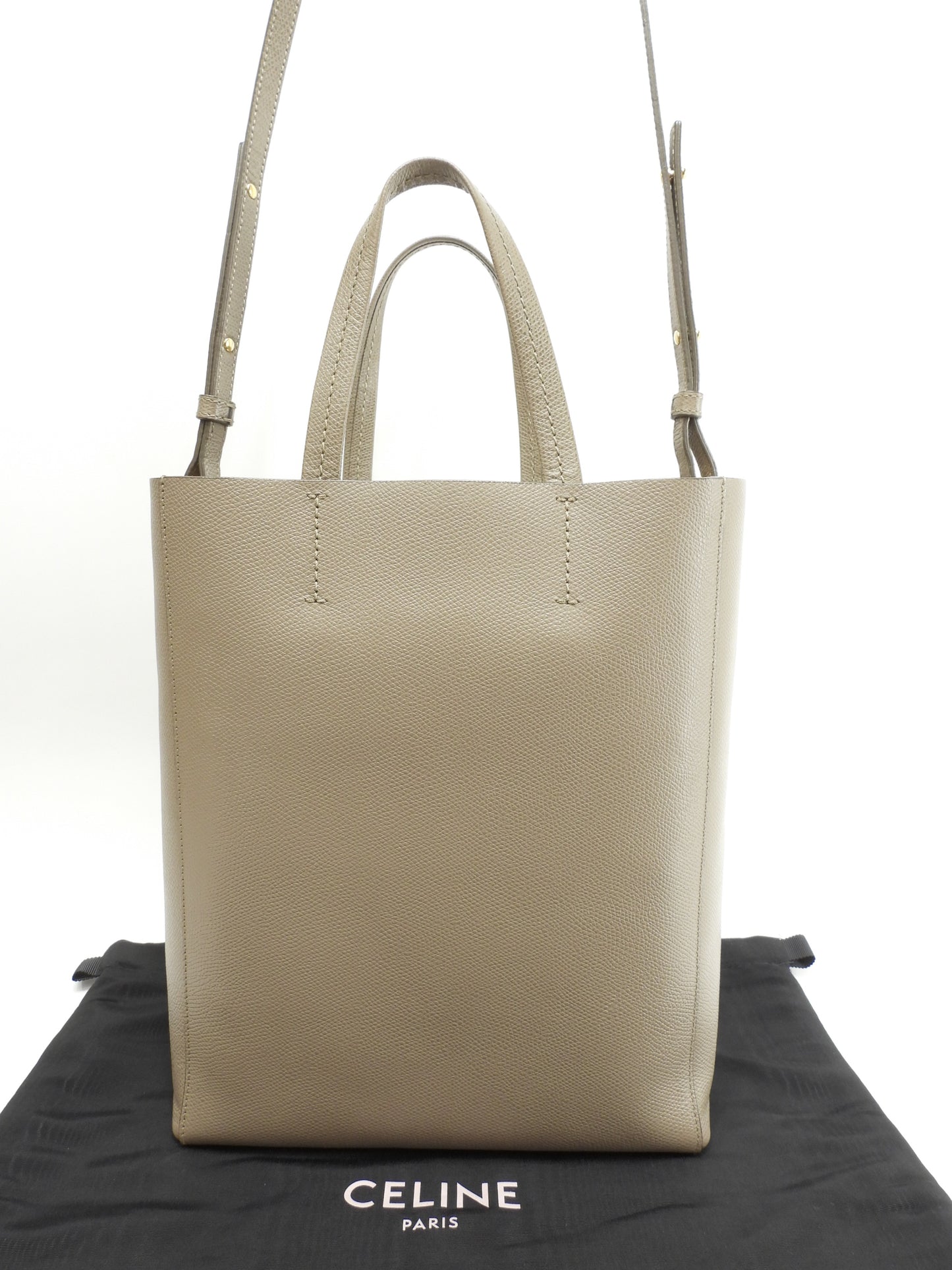 セリーヌ カバスモール ヴェルティカル レザー灰 ショルダーストラップ付ハンドバッグ ポシェット@F-CU-1118