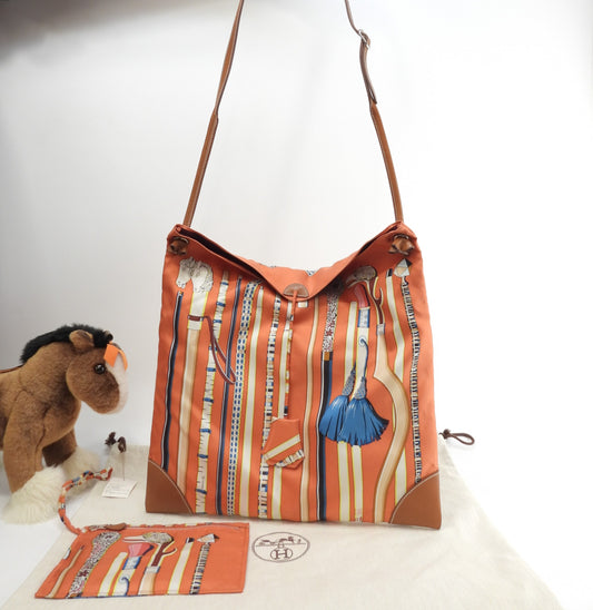 エルメス シルキーシティGM シルク/オレンジ系 レザー茶 ショルダーバッグ 極美品@X