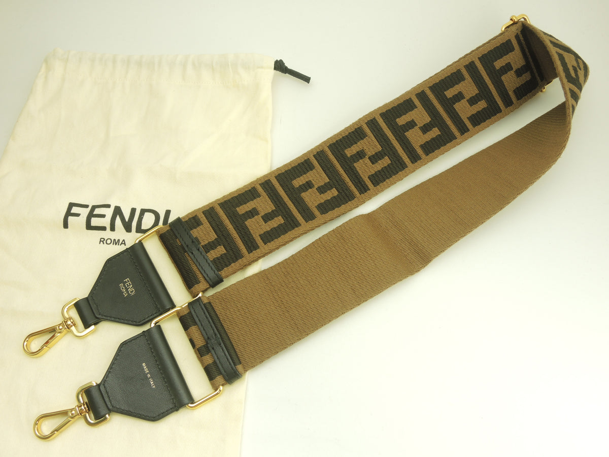 フェンディ 長さ調節可ロングショルダーストラップ FFモチーフ コットン黒革茶 斜め掛用 極美品@ 26