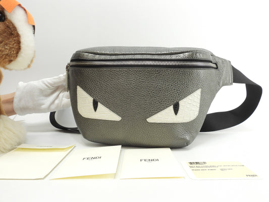 フェンディ ボディバッグ モンスター セレリアレザー灰/クロコ白 ベルトバッグ バムバッグ@ 67