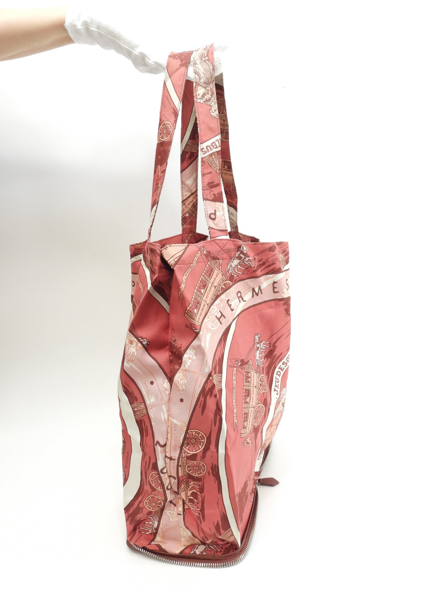 エルメス シルキーポップ シルク白ピンク レザー赤茶 エコバッグ ハンドバッグ@ 1