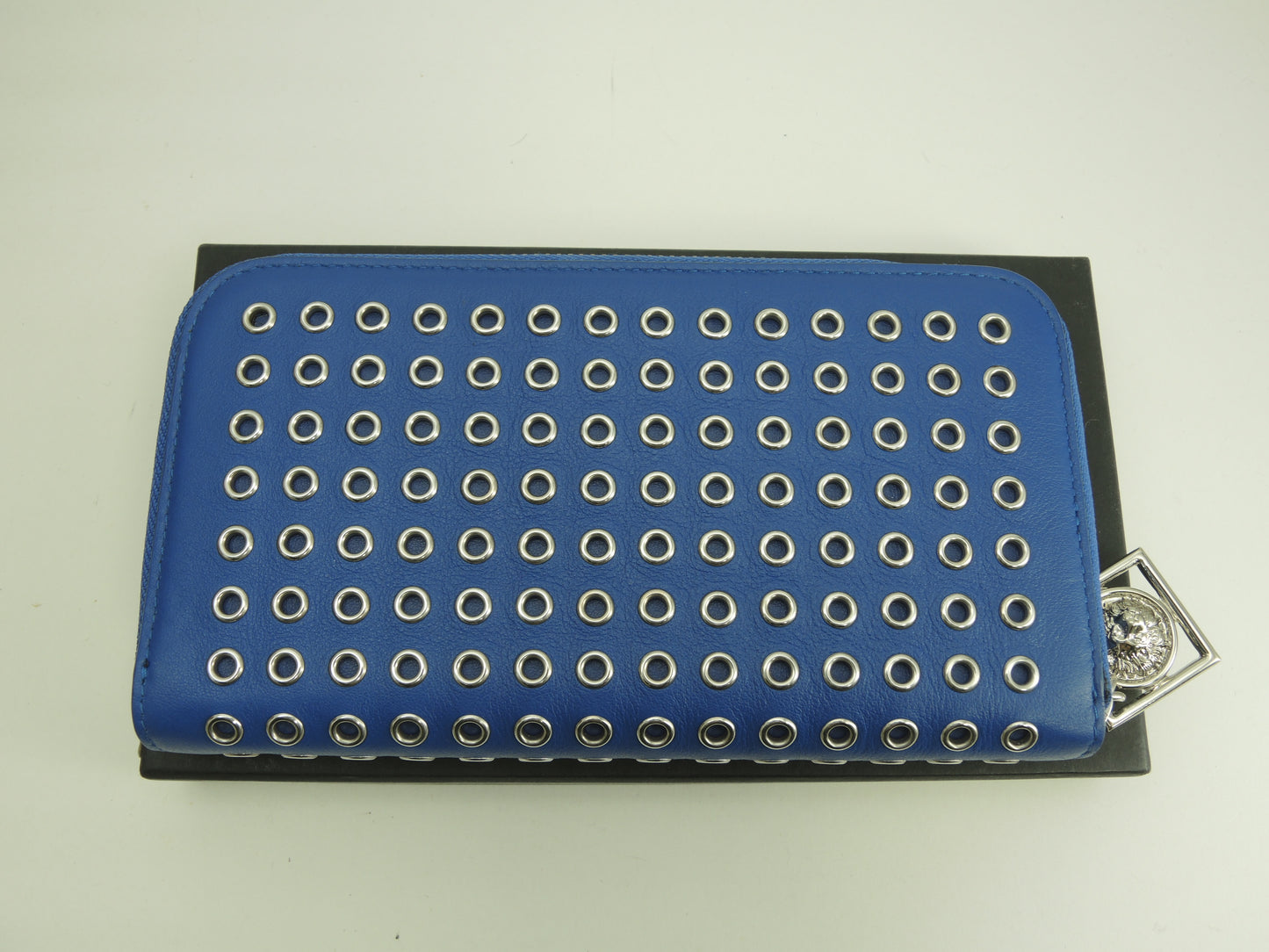 ヴェルサスヴェルサーチ ラウンドジップ長財布 リング金具 レザー青 ロングウォレット 未使用@ 1