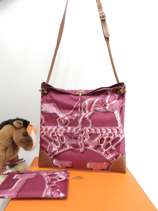 エルメス シルキーシティPM シルク/ピンク レザー茶 ショルダーバッグ 美品@□O