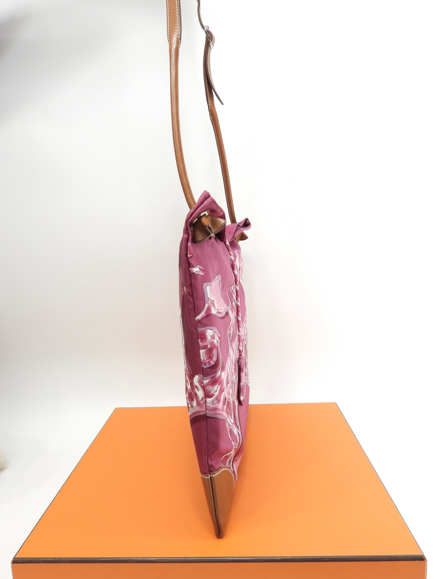 エルメス シルキーシティPM シルク/ピンク レザー茶 ショルダーバッグ 美品@□O