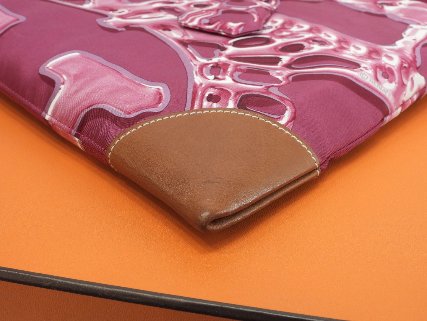 エルメス シルキーシティPM シルク/ピンク レザー茶 ショルダーバッグ 美品@□O