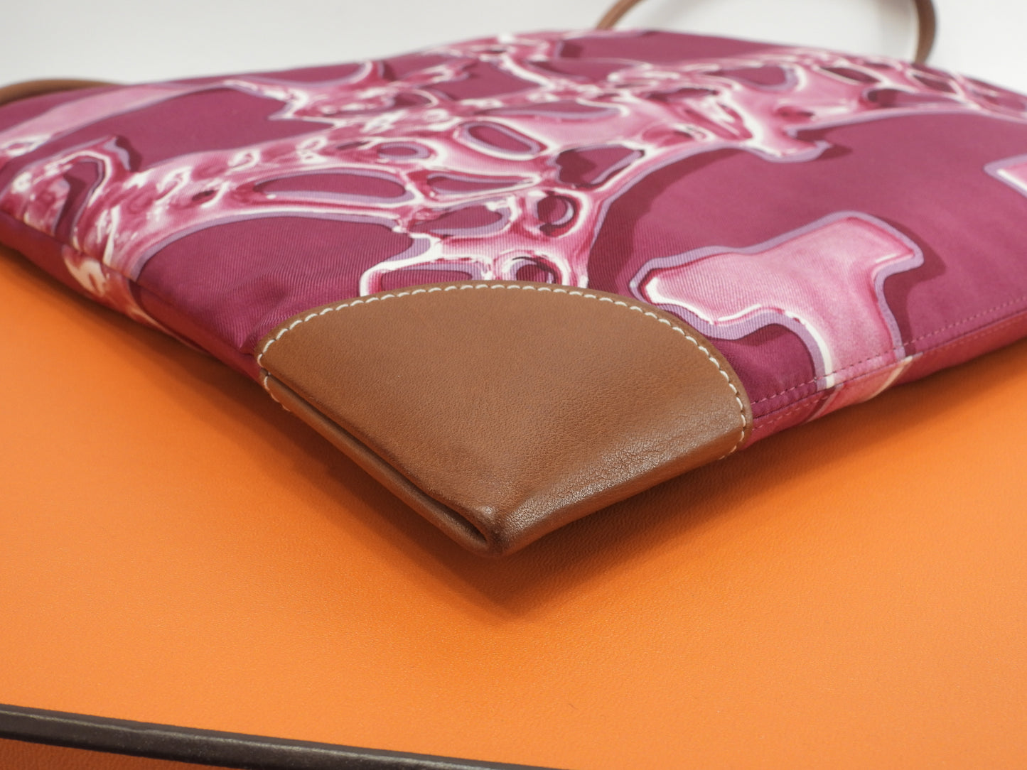 エルメス シルキーシティPM シルク/ピンク レザー茶 ショルダーバッグ 美品@□O