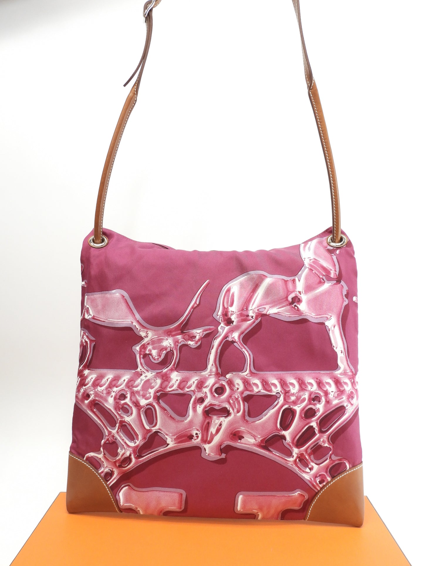 エルメス シルキーシティPM シルク/ピンク レザー茶 ショルダーバッグ 美品@□O