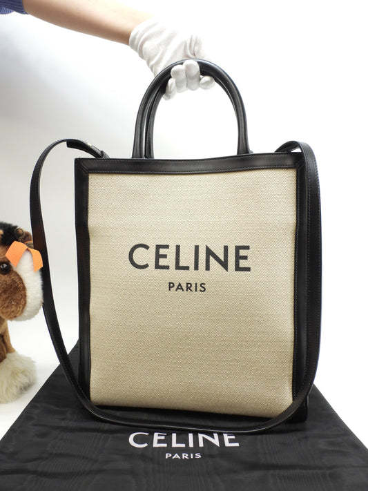 セリーヌ ミディアムバーティカルカバ コットン革 ベージュ黒 s付ハンドバッグ トートバッグ@S-AN-4231