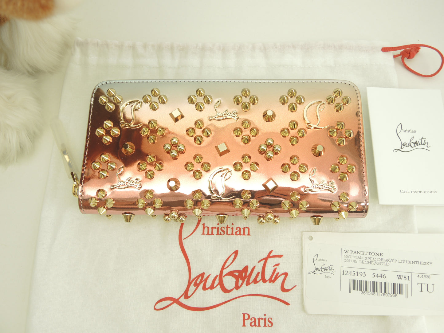 クリスチャンルブタン ロングウォレット Loubinthesky パテントレザー銀ピンク橙 ジップ長財布 未使用@ 5