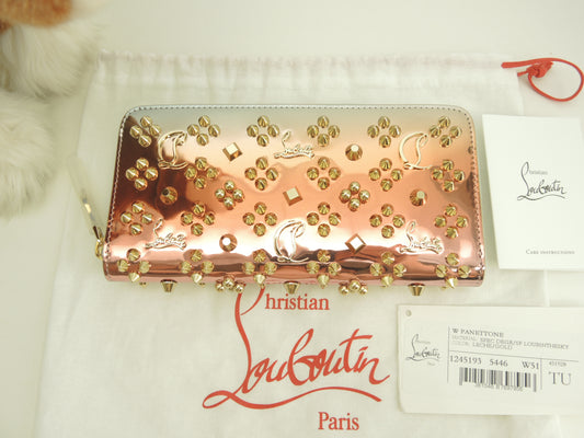 クリスチャンルブタン ロングウォレット Loubinthesky パテントレザー銀ピンク橙 ジップ長財布 未使用@ 5