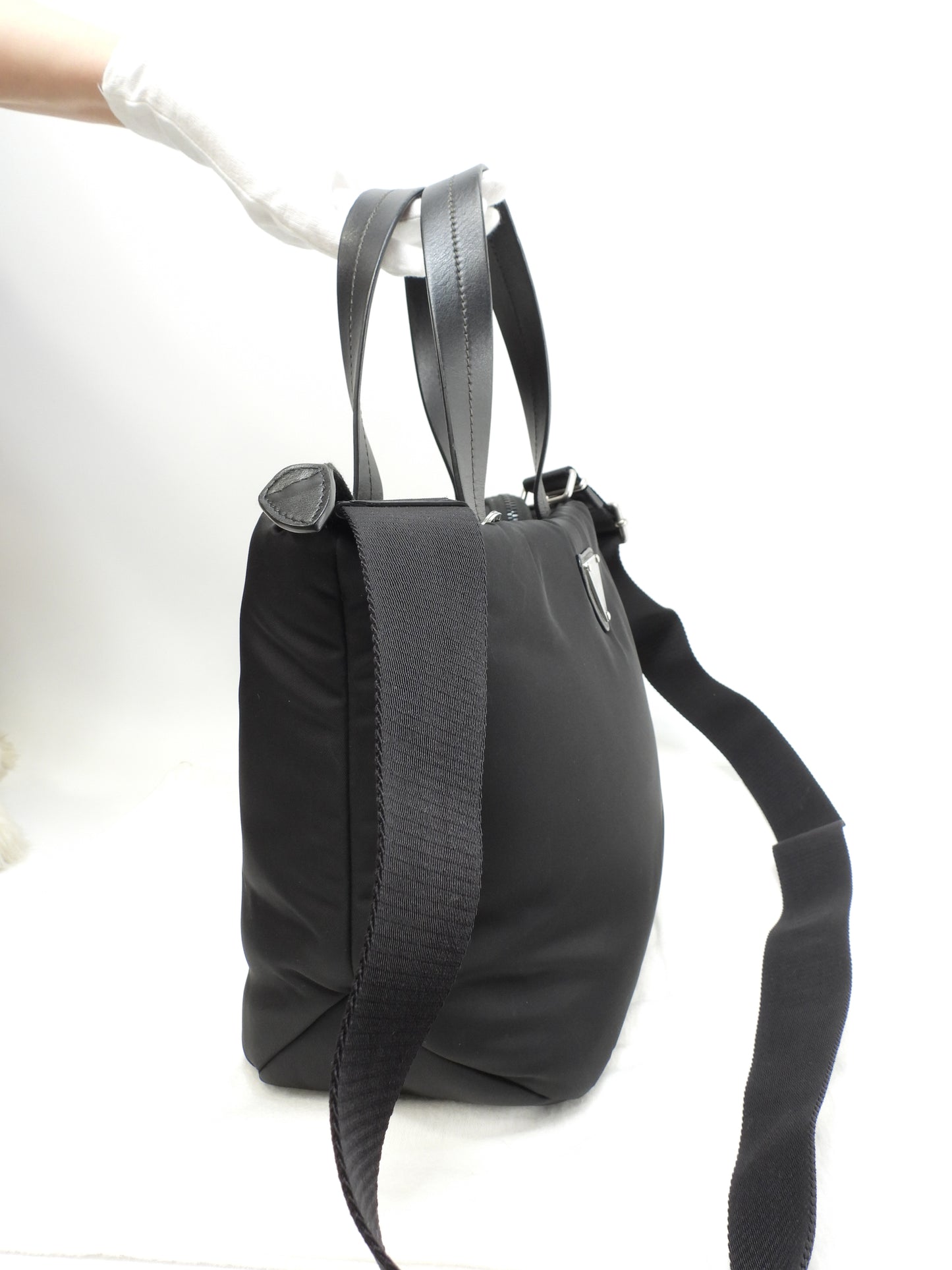 プラダ s付ハンドバッグ ボンバー ナイロン革黒 ショルダーストラップ付ミニトートバッグ@215