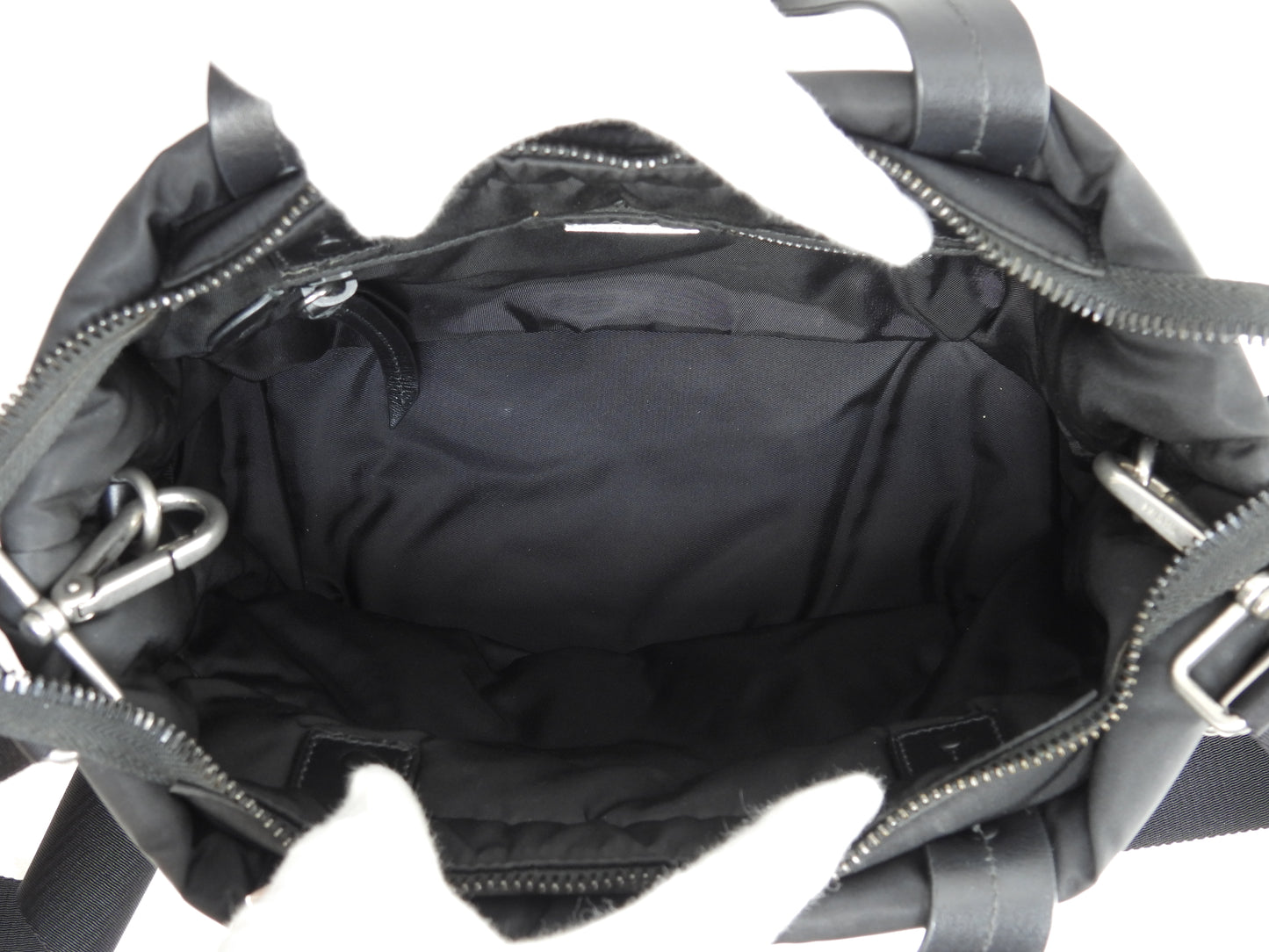 プラダ s付ハンドバッグ ボンバー ナイロン革黒 ショルダーストラップ付ミニトートバッグ@215
