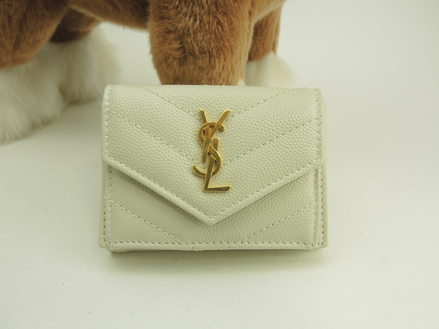 サンローラン ミニウォレット 型押レザー グレージュ 3折ミニホック財布 未使用@ 98