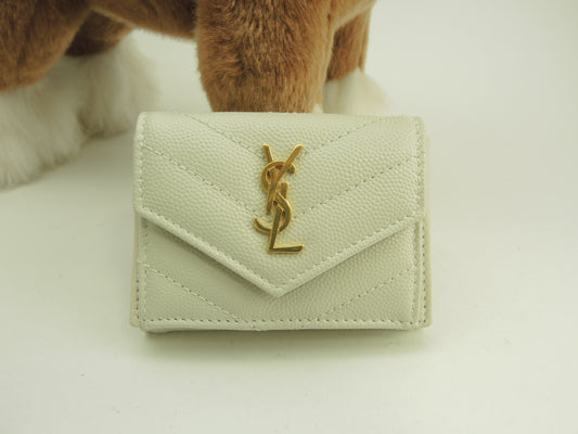 サンローラン ミニウォレット 型押レザー グレージュ 3折ミニホック財布 未使用@ 98