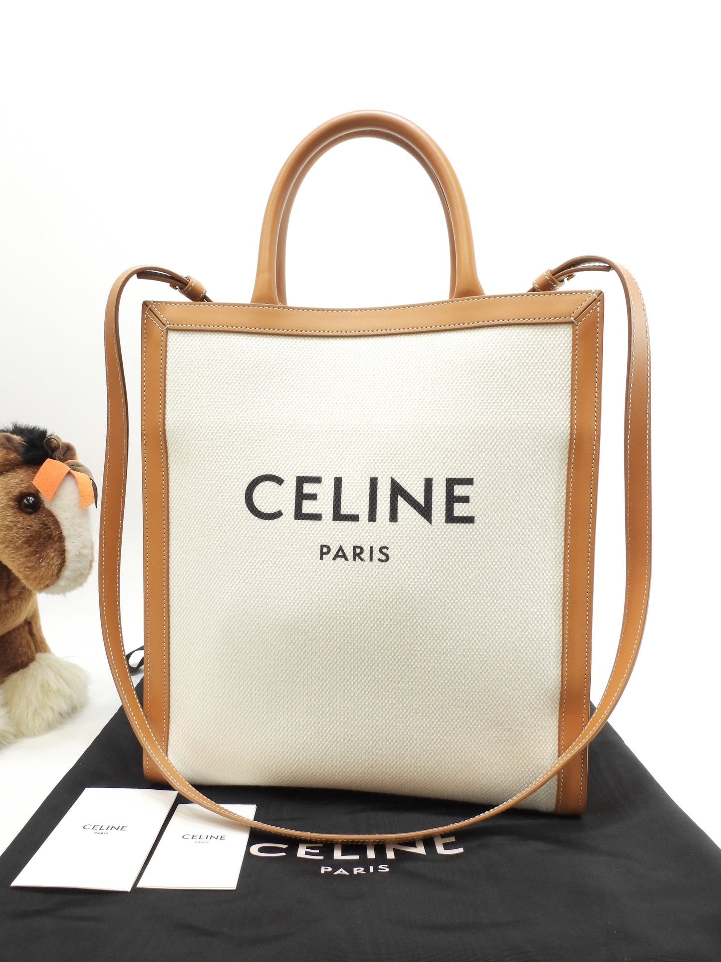 セリーヌ ミディアムバーティカルカバ コットン白 レザー茶 s付ハンドバッグ トートバッグ@S-AN-0212
