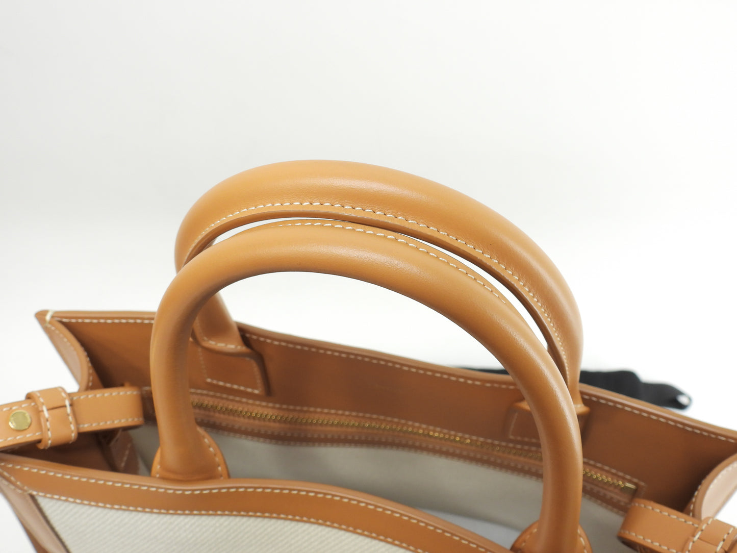 セリーヌ ミディアムバーティカルカバ コットン白 レザー茶 s付ハンドバッグ トートバッグ@S-AN-0212