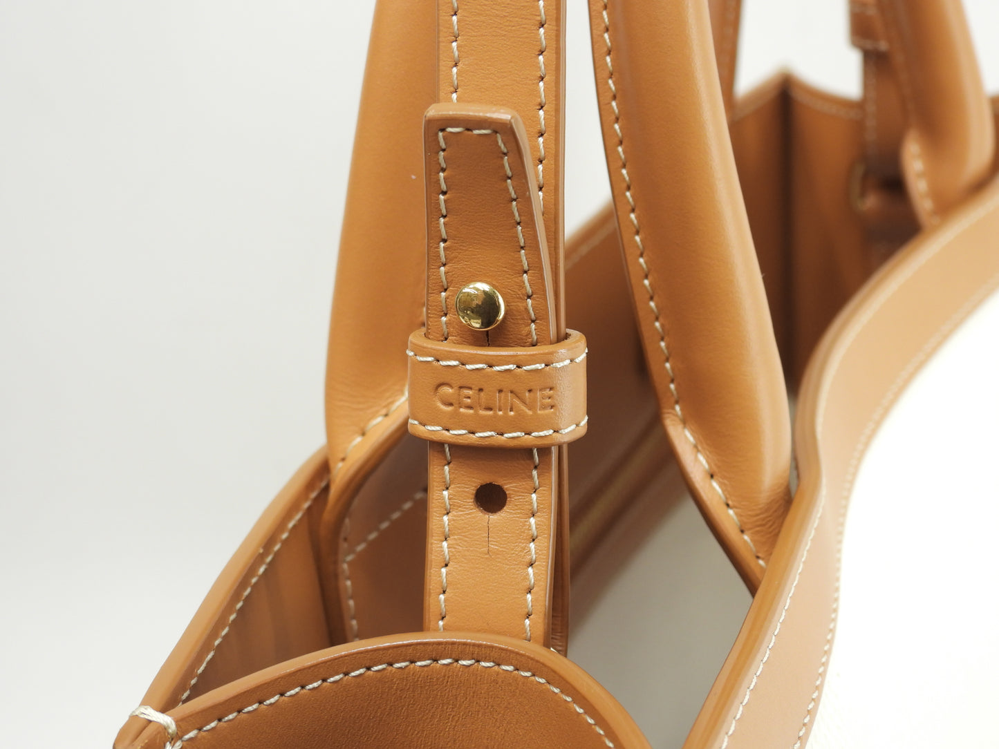 セリーヌ ミディアムバーティカルカバ コットン白 レザー茶 s付ハンドバッグ トートバッグ@S-AN-0212