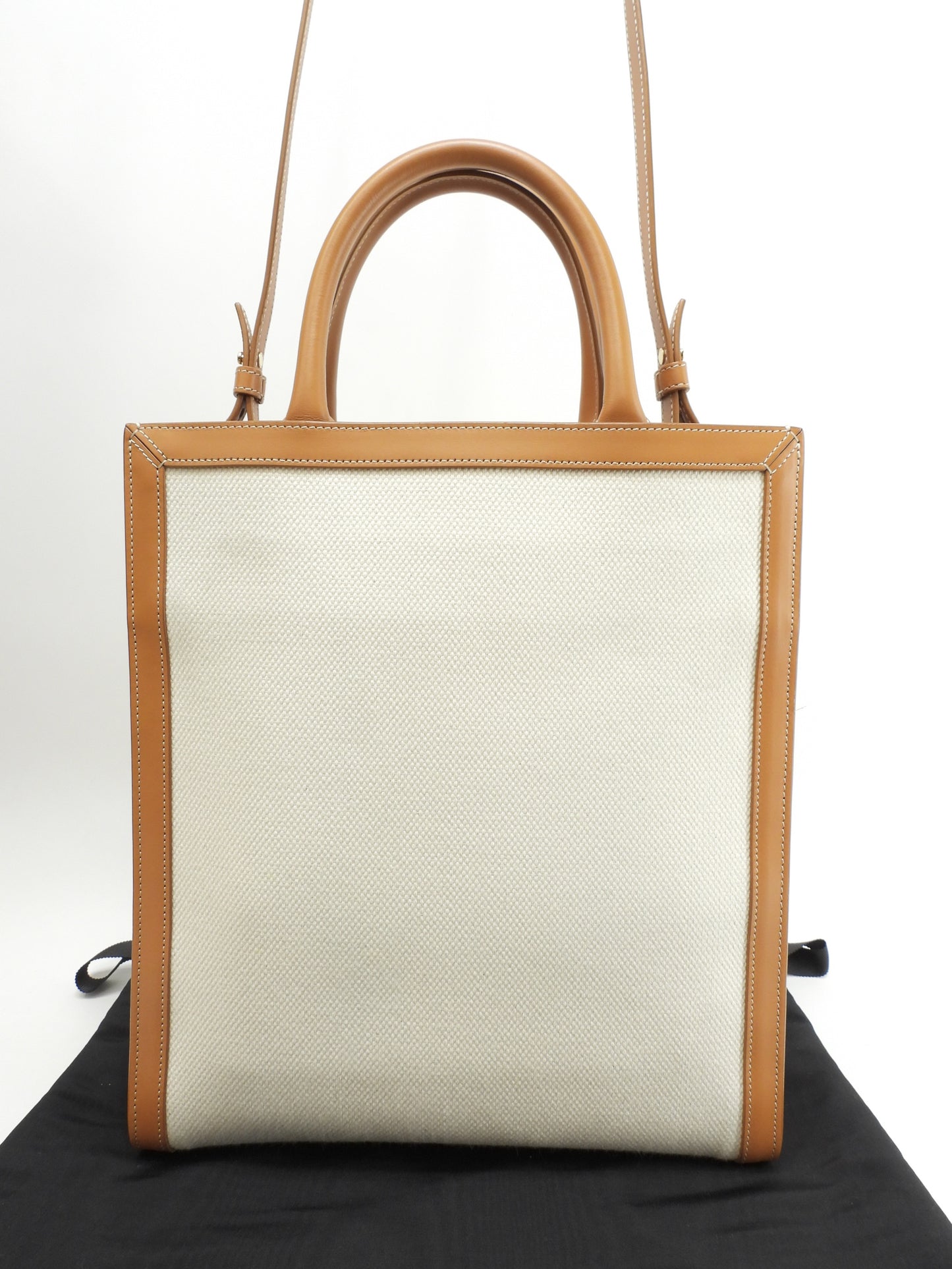 セリーヌ ミディアムバーティカルカバ コットン白 レザー茶 s付ハンドバッグ トートバッグ@S-AN-0212