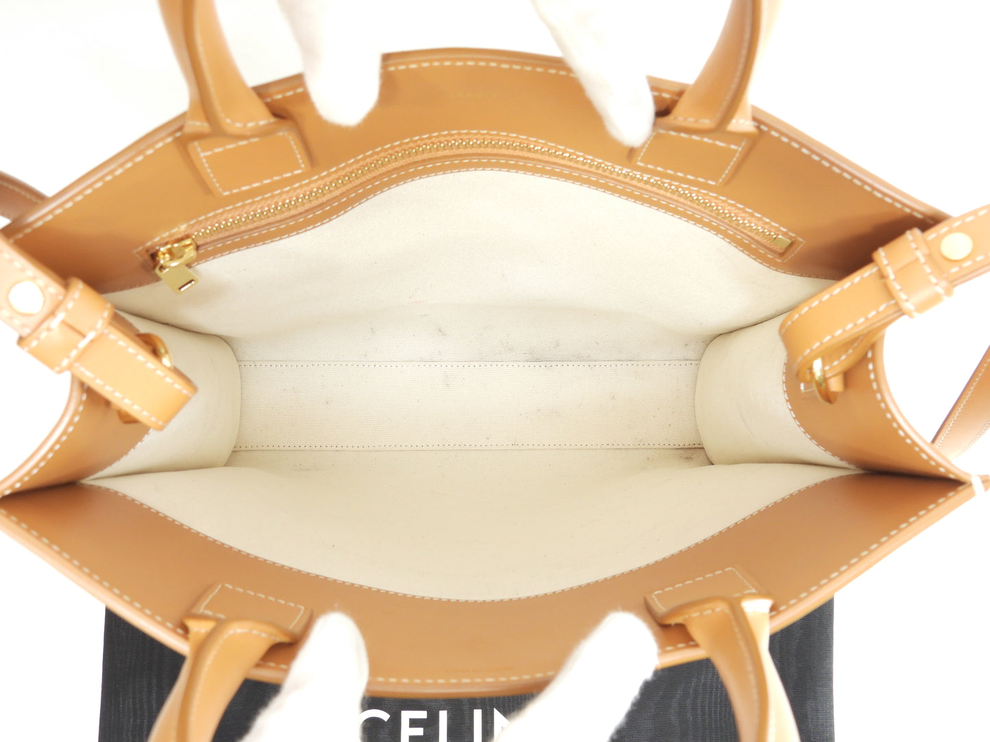 セリーヌ ミディアムバーティカルカバ コットン白 レザー茶 s付ハンドバッグ トートバッグ@S-AN-0212