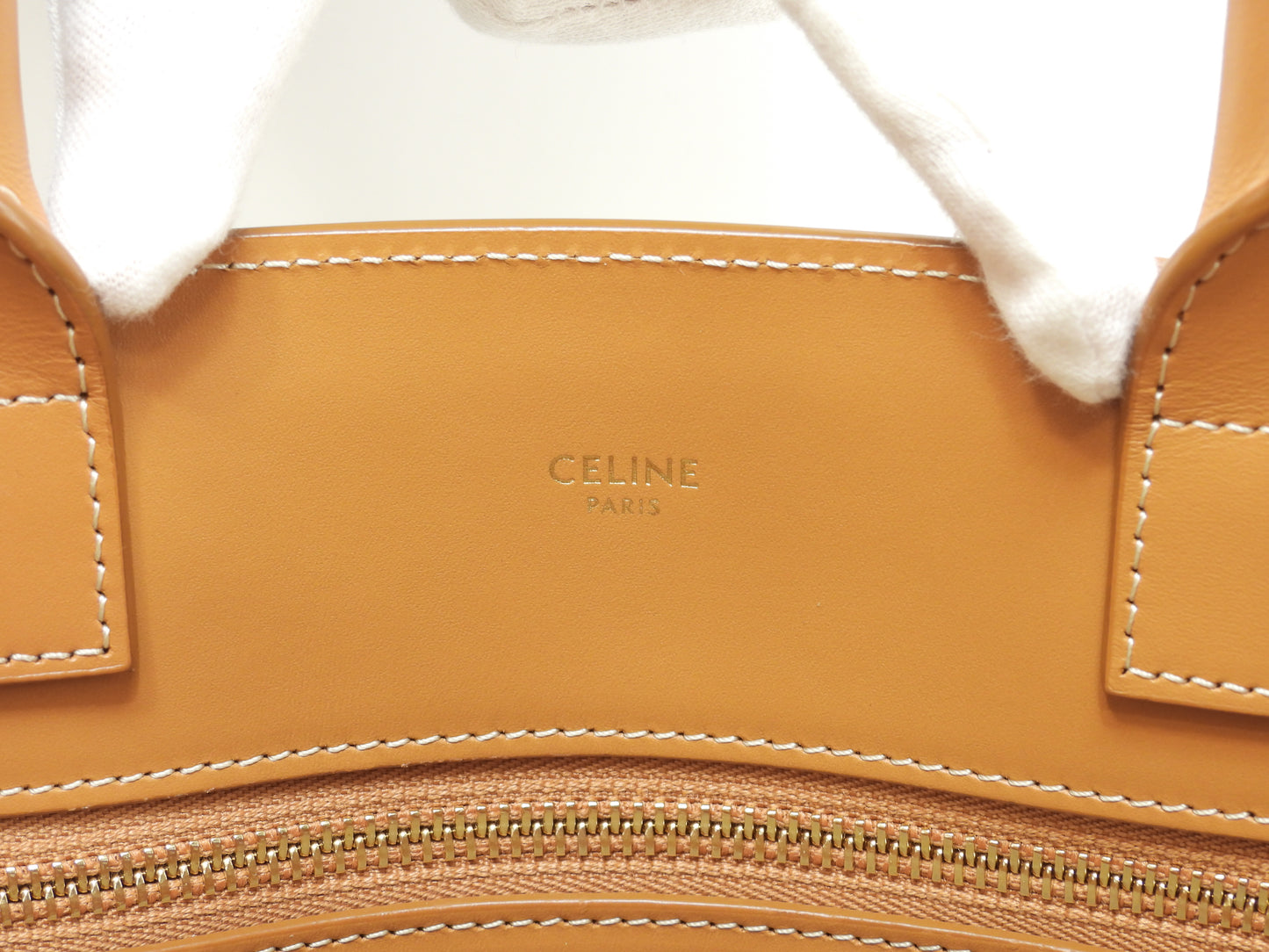 セリーヌ ミディアムバーティカルカバ コットン白 レザー茶 s付ハンドバッグ トートバッグ@S-AN-0212