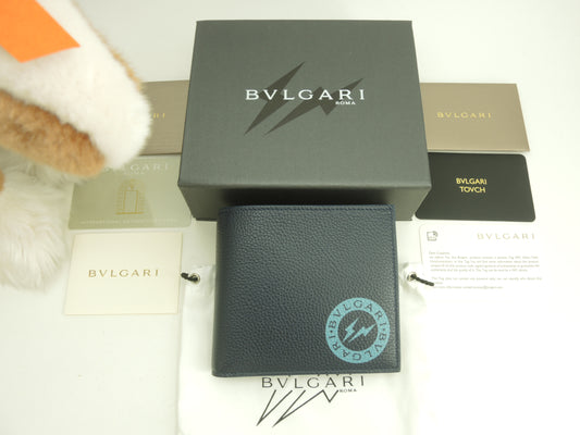 ブルガリxフラグメント コンパクトウォレット レザー紺 2つ折財布 未使用@ 5