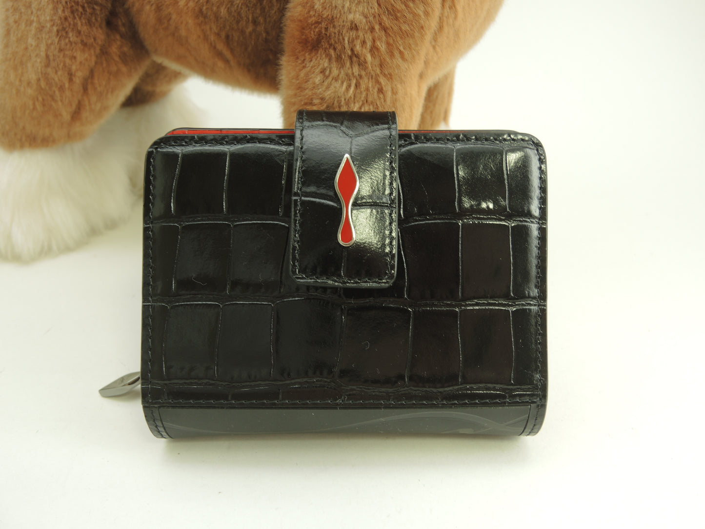クリスチャンルブタン 2折財布 パロマ クロコ型押レザー黒赤 コンパクトウォレット 美品@ 6