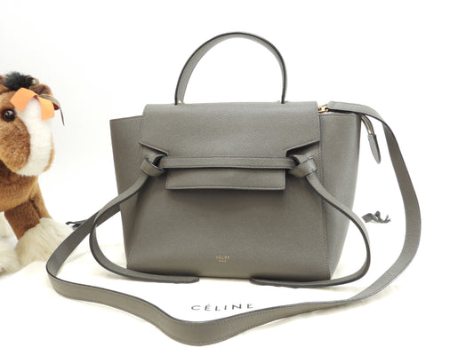 セリーヌ ベルトバッグマイクロ 型押レザー 灰 ポシェット s付ハンドバッグ美品@S-MP-0147