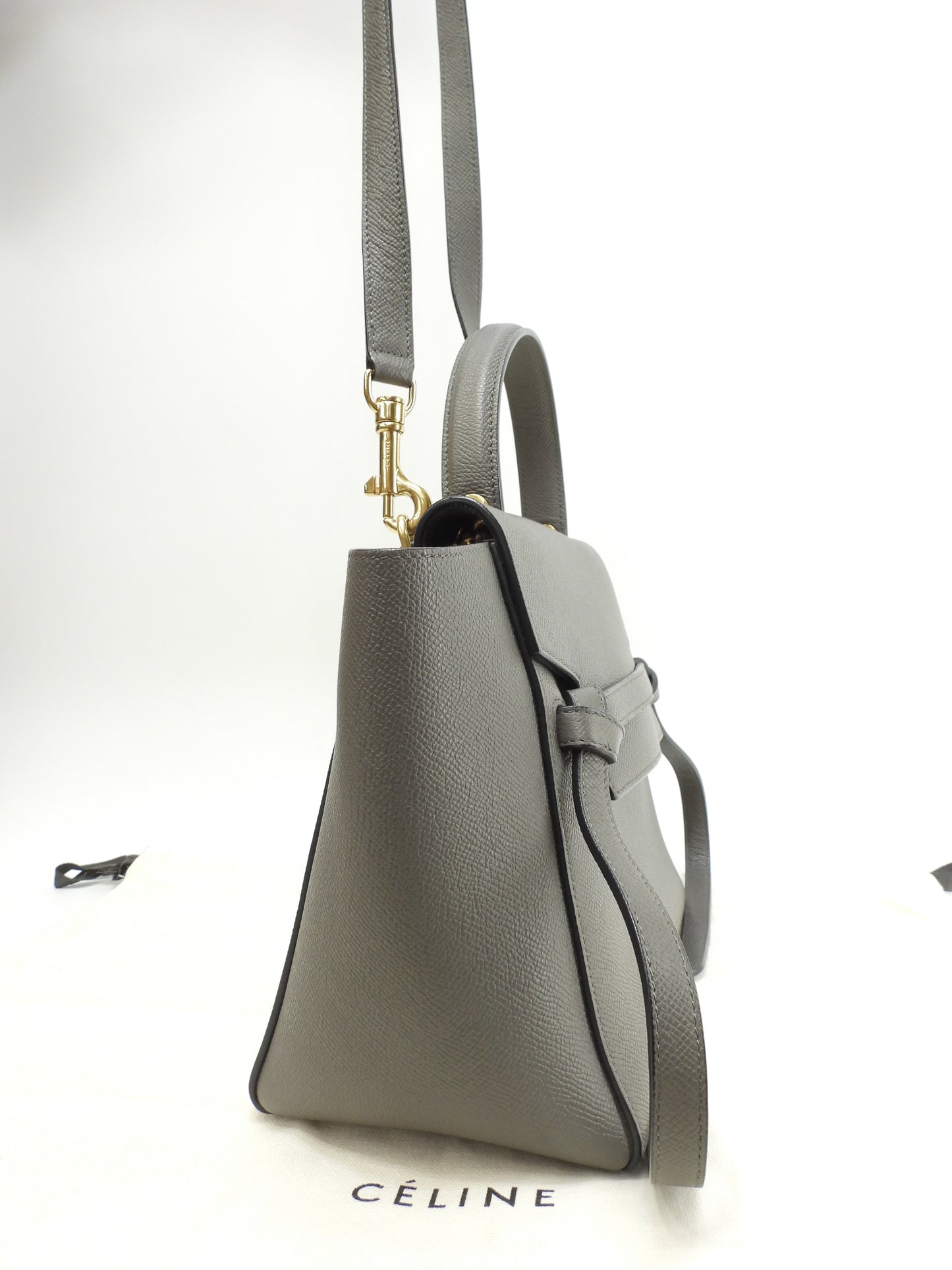セリーヌ ベルトバッグマイクロ 型押レザー 灰 ポシェット s付ハンドバッグ美品@S-MP-0147