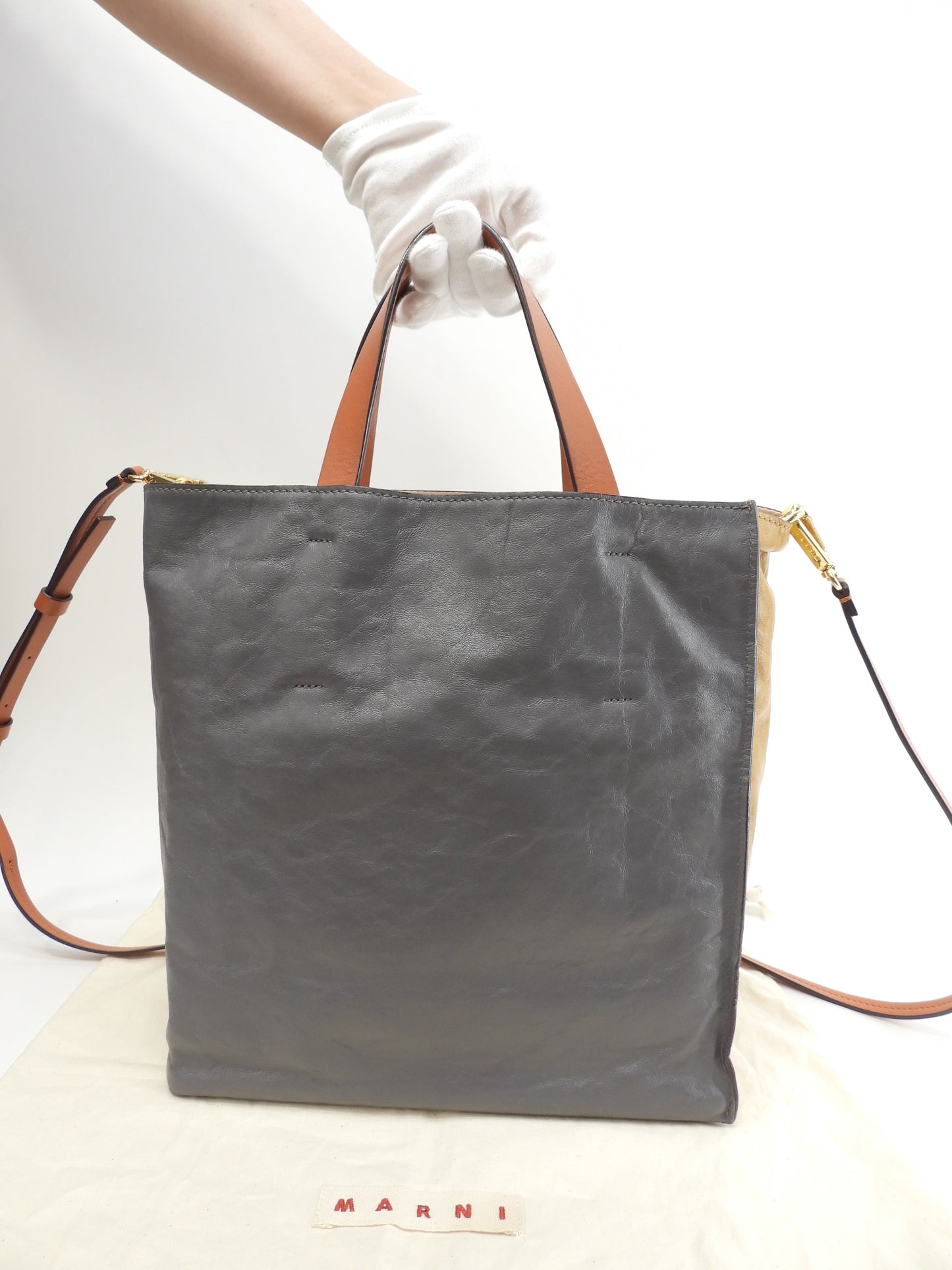 マルニ s付トートバッグ MuseoSoftスモール レザー/からし灰 美品@ 1