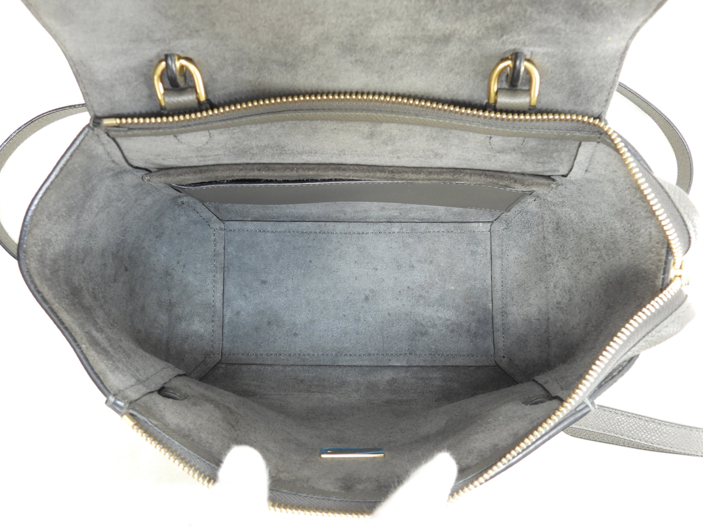 セリーヌ ベルトバッグマイクロ 型押レザー 灰 ポシェット s付ハンドバッグ美品@S-MP-0147