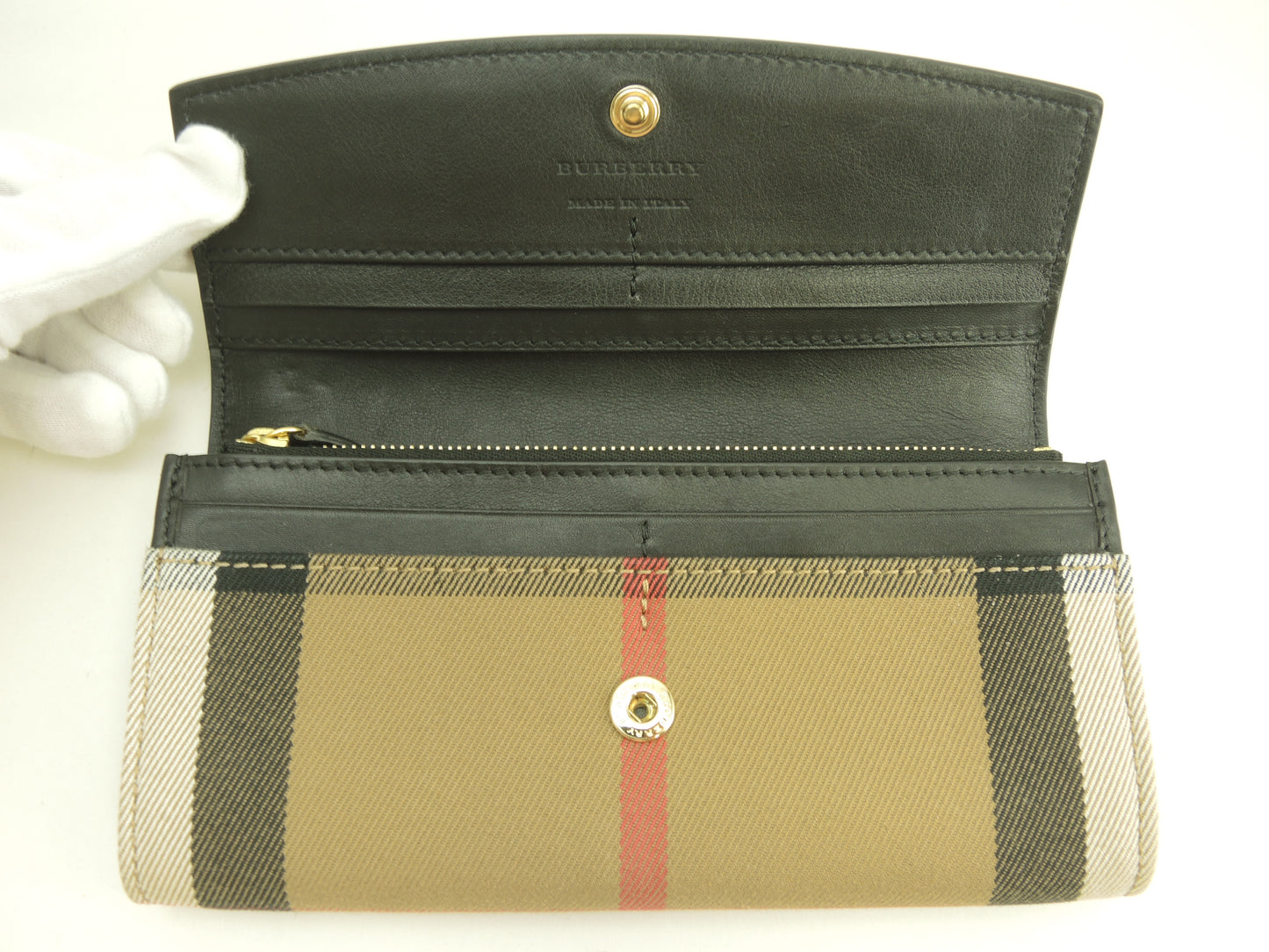 バーバリー 2折長財布 チェック 茶コットン黒革 ロングウォレット 極美品@ 10