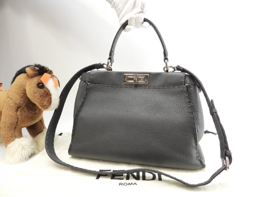 Fendi Peekaboo Regular Selleria Leather Grey Handbag with Strap, Like New @ 17