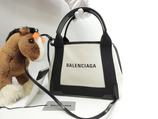 バレンシアガ ネイビーカバXS コットン/レザー 白黒 ポシェット ミニハンドバッグ@ 62