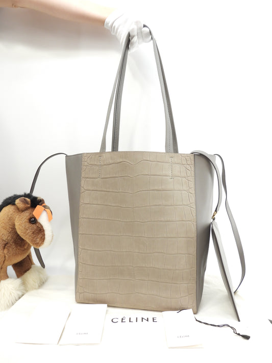 Celine Cabas Phantom Small Crocodile Embossed Leather Grey Tote Bag Shoulder Bag @F-PA-0162