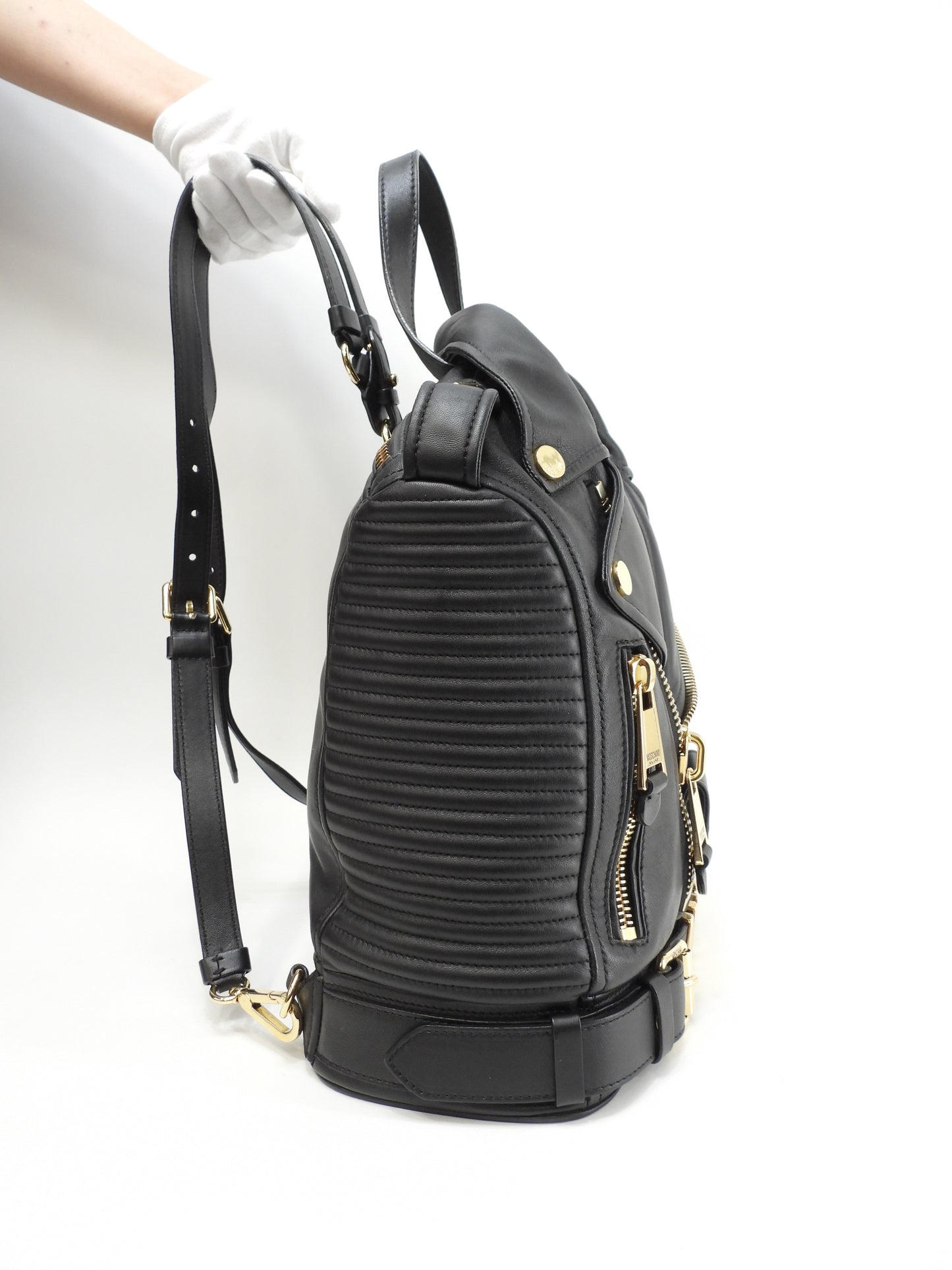 モスキーノ バックパック レザー黒 ライダース ハンドバッグ 美品@ 52
