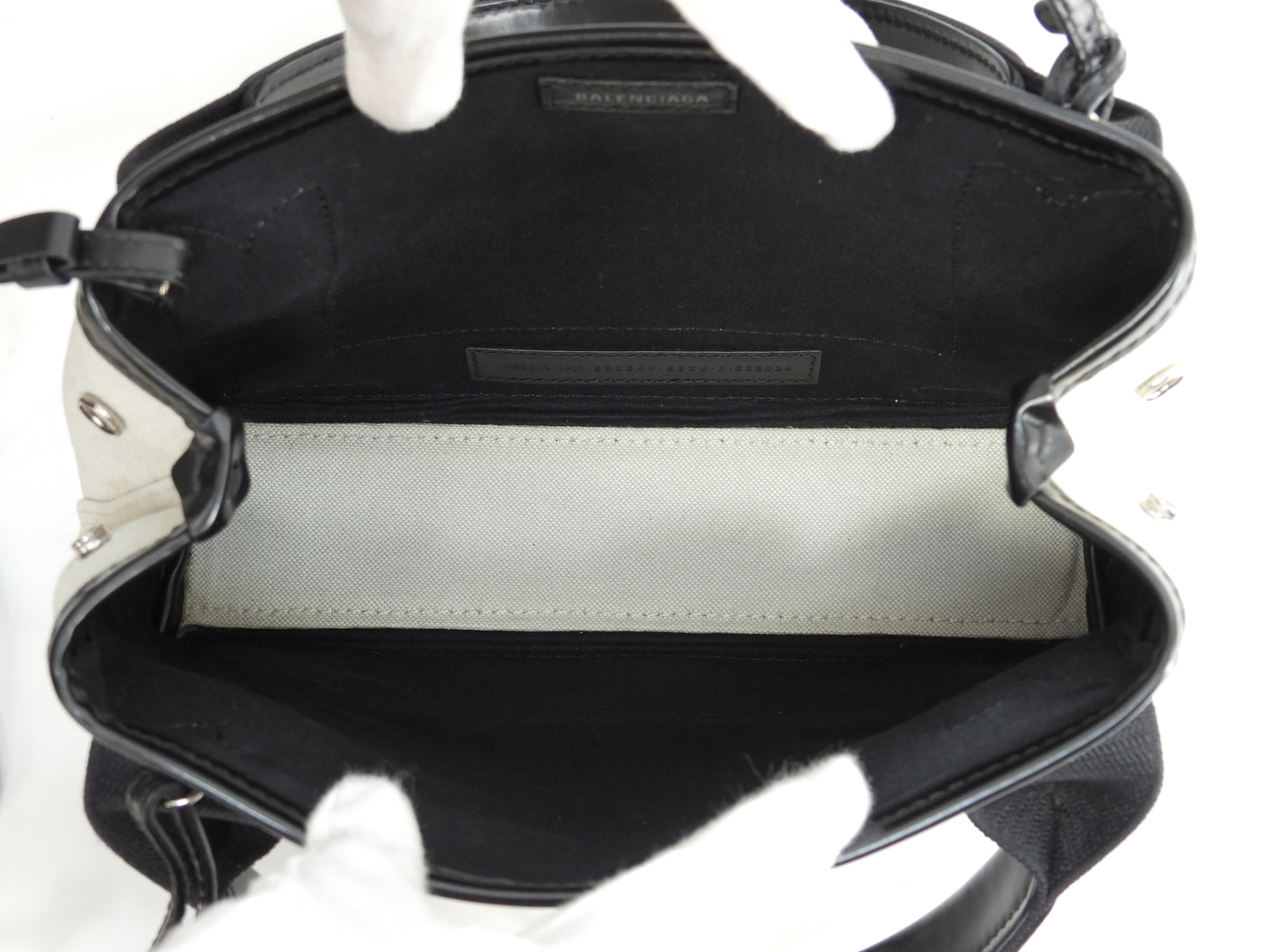 バレンシアガ ネイビーカバXS コットン/レザー 白黒 ポシェット ミニハンドバッグ@ 62