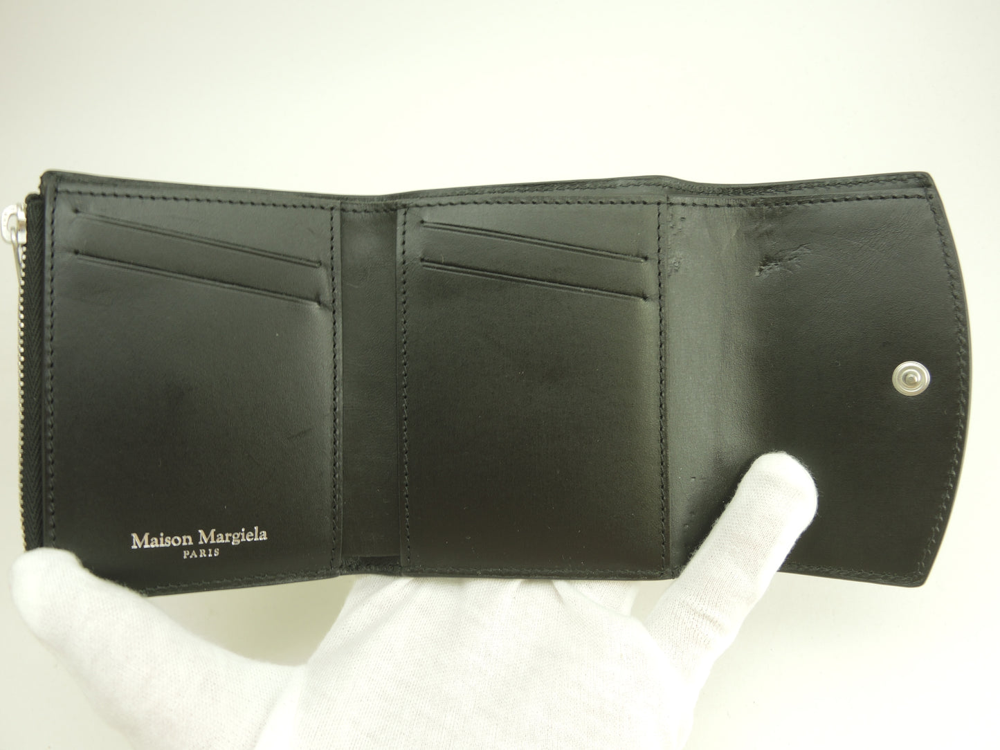 マルタンマルジェラ コンパクト財布 白4ステッチ レザー黒 3折財布 美品@ 9