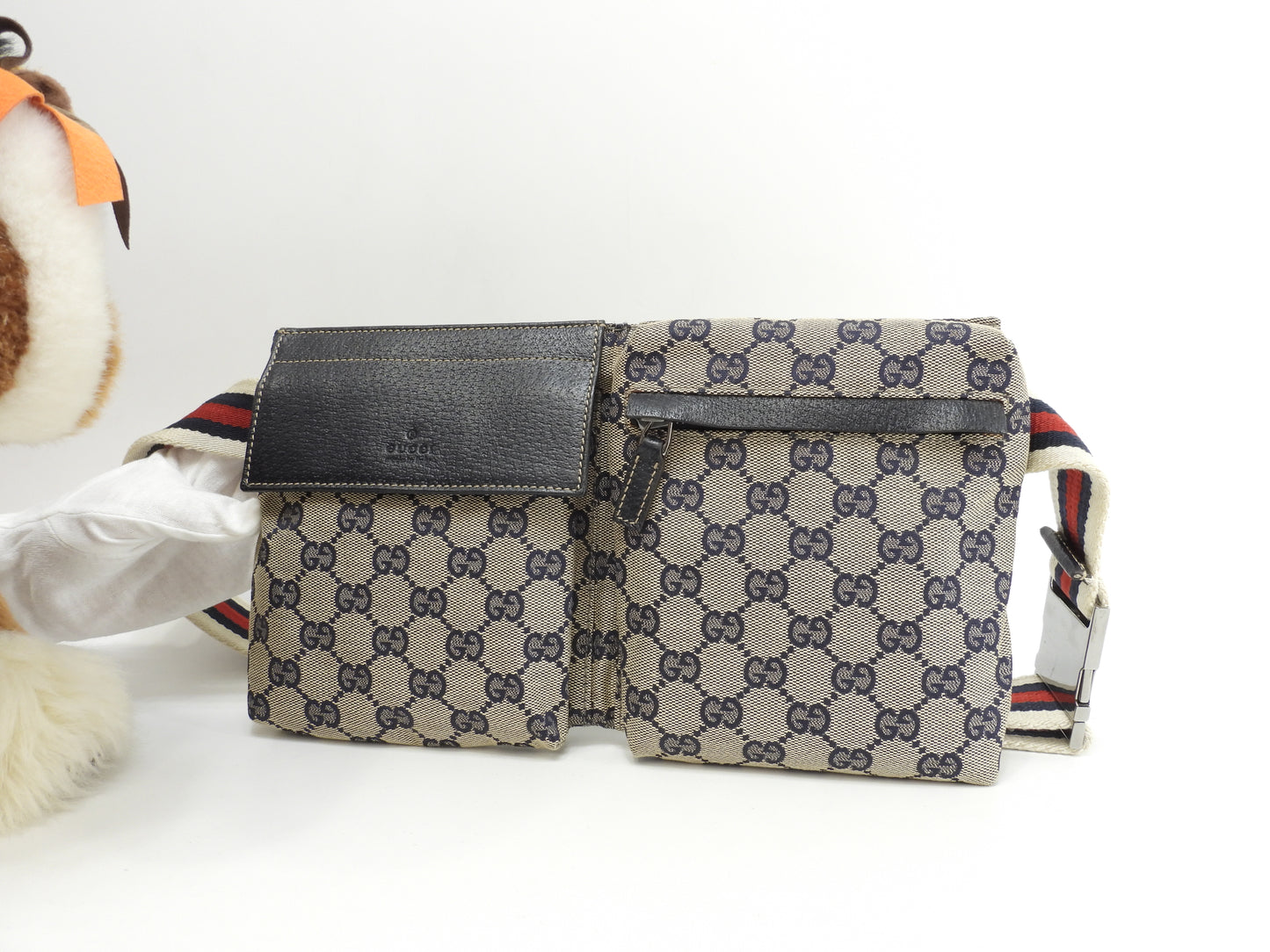 グッチ ベルトバッグ GGシュプリーム コットン灰紺革 ボディバッグ ウエストバッグ 美品@ 15