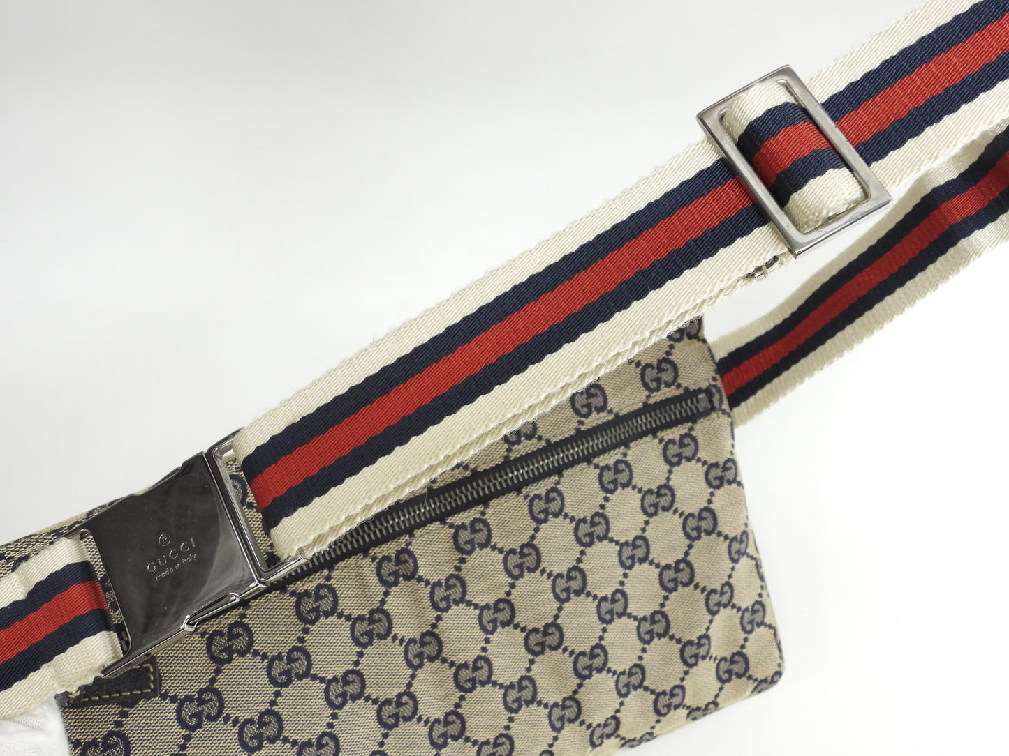 グッチ ベルトバッグ GGシュプリーム コットン灰紺革 ボディバッグ ウエストバッグ 美品@ 15