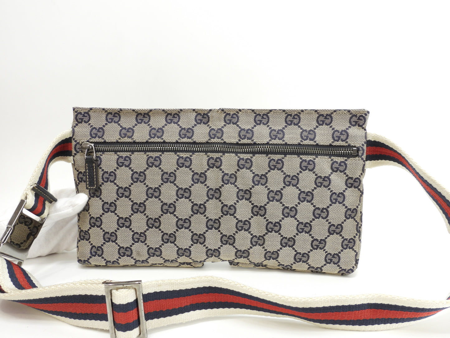グッチ ベルトバッグ GGシュプリーム コットン灰紺革 ボディバッグ ウエストバッグ 美品@ 15