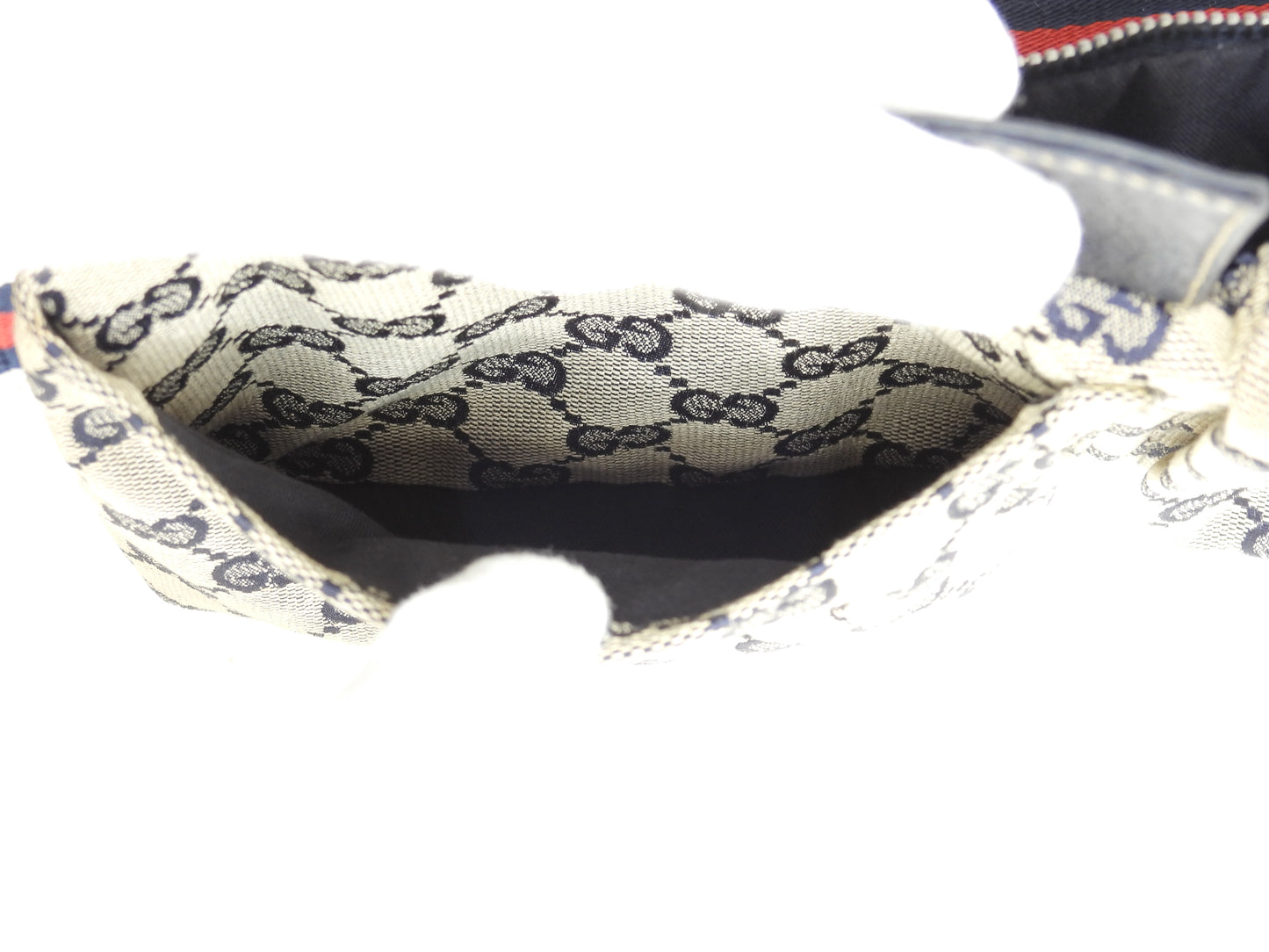 グッチ ベルトバッグ GGシュプリーム コットン灰紺革 ボディバッグ ウエストバッグ 美品@ 15