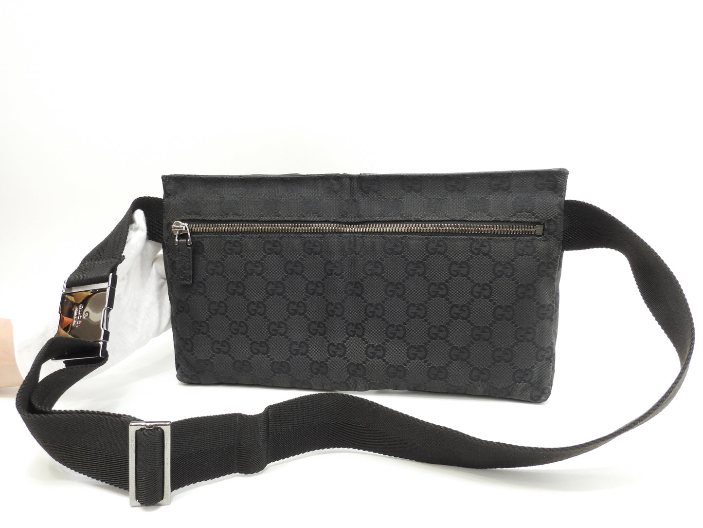 グッチ ベルトバッグ GGシュプリーム コットン黒革 ボディバッグ ウエストバッグ 美品@ 16