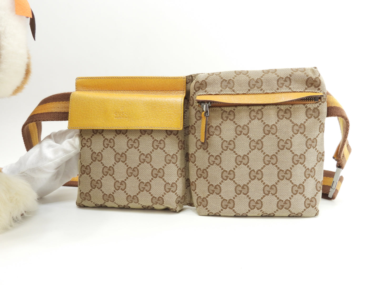 グッチ ベルトバッグ GGシュプリーム コットン茶黄革 ボディバッグ ウエストバッグ 美品@ 17
