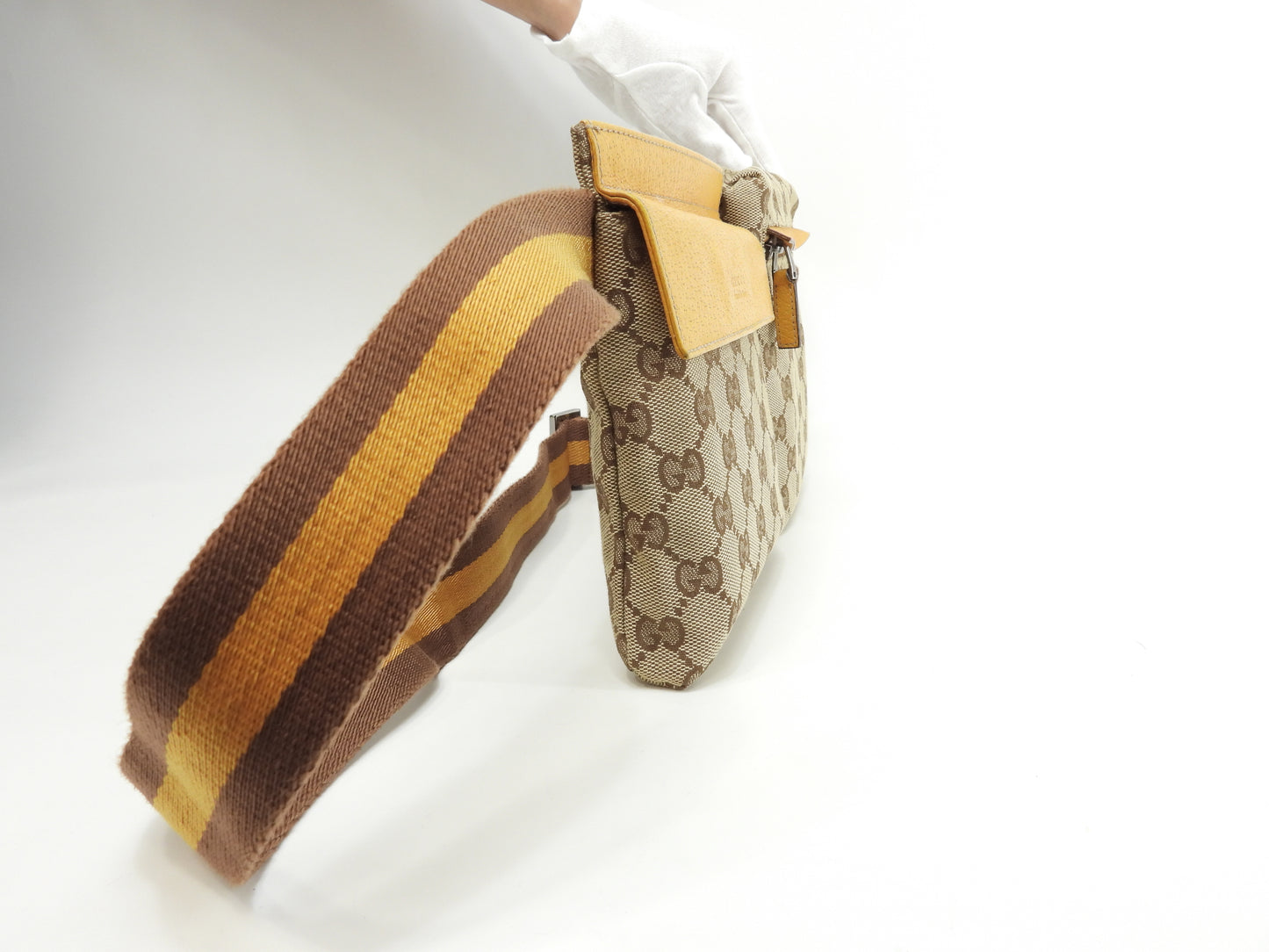 グッチ ベルトバッグ GGシュプリーム コットン茶黄革 ボディバッグ ウエストバッグ 美品@ 17