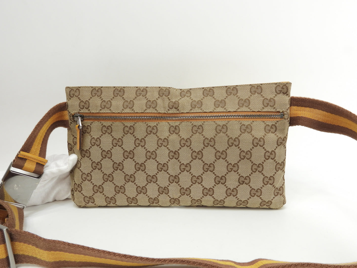グッチ ベルトバッグ GGシュプリーム コットン茶黄革 ボディバッグ ウエストバッグ 美品@ 17